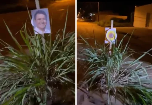 Moradores de Palmas usam foto de prefeito em estaca para protestar contra buracos