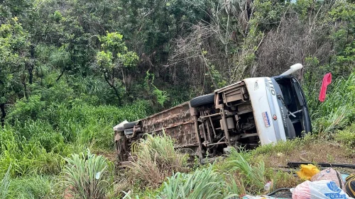 Mulher morre e 16 ficam feridos após ônibus tombar na BR-153, em Tocantins